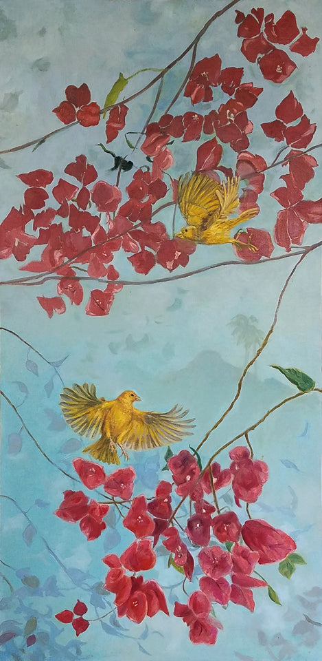 Two Saffron Finches and Bougainvillea by Katherine Kean - Tiffany's Art Agency - Katherine Kean