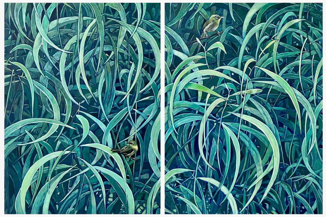 Mejiro in a Koa Tree - Diptych by Tracy Dudley - Tiffany's Art Agency - Tracy Dudley